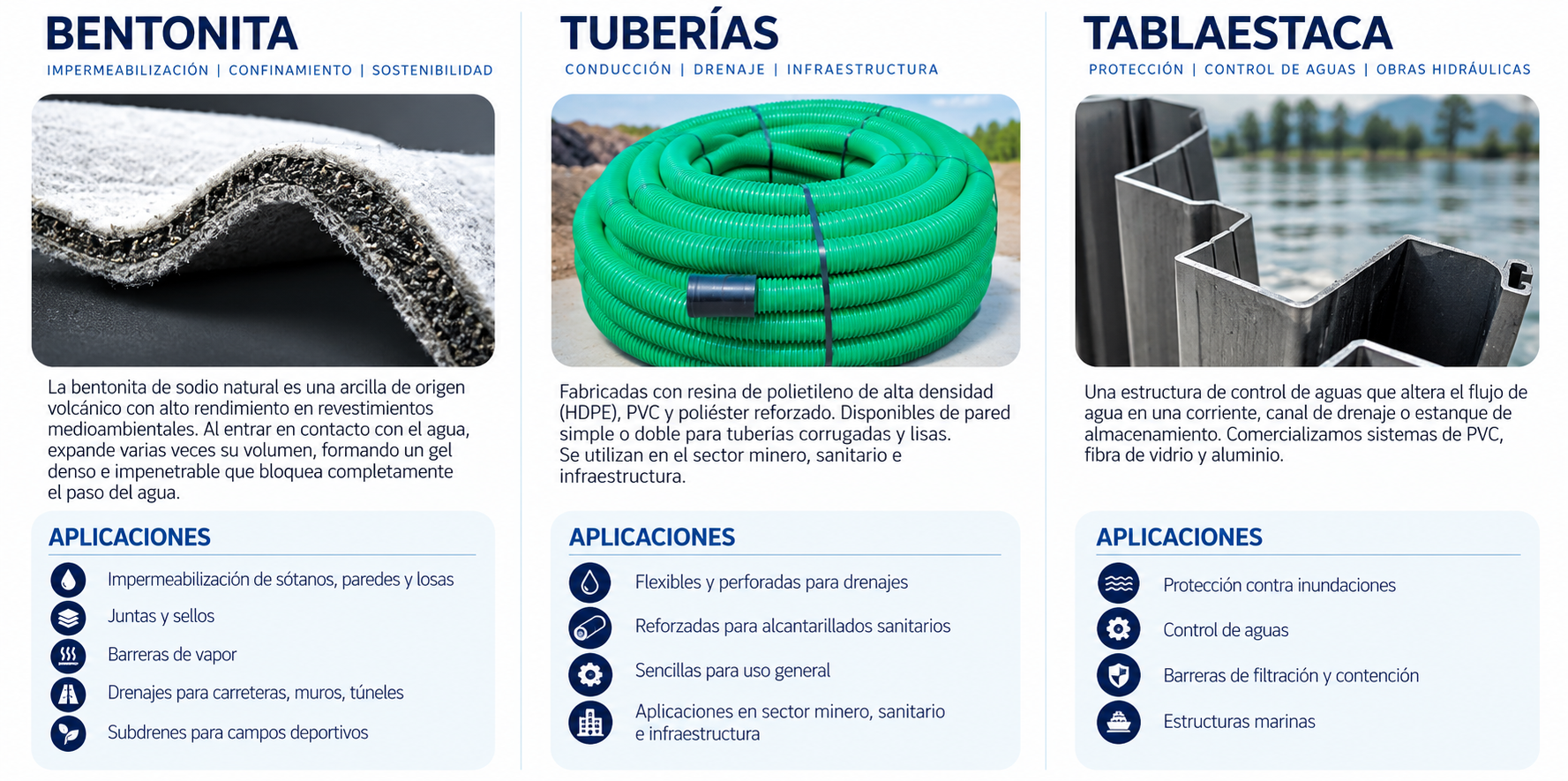 Bentonita, tuberías y tablestacas: características y aplicaciones.